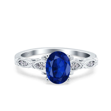 Art Deco Oval Engagement Simulated Blue Sapphire CZ 925 Sterling Silver